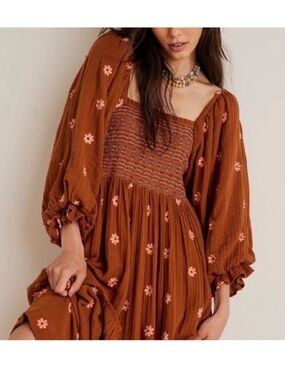 Free People Dahlia Smocked Maxi Dress with Puff Sleeves Caramel Cafe Combo